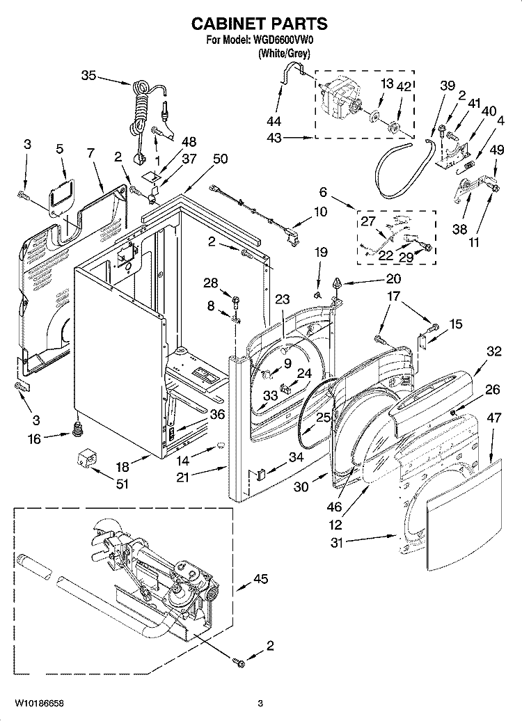CABINET PARTS Diagram and Parts List for WGD6600VW0  Whirlpool Dryer