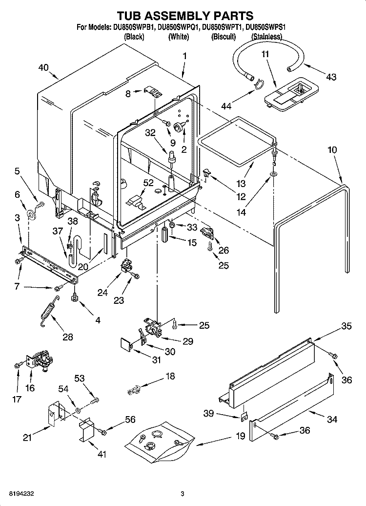 TUB ASSEMBLY PARTS Diagram and Parts List for DU850SWPQ1  Whirlpool Dishwasher