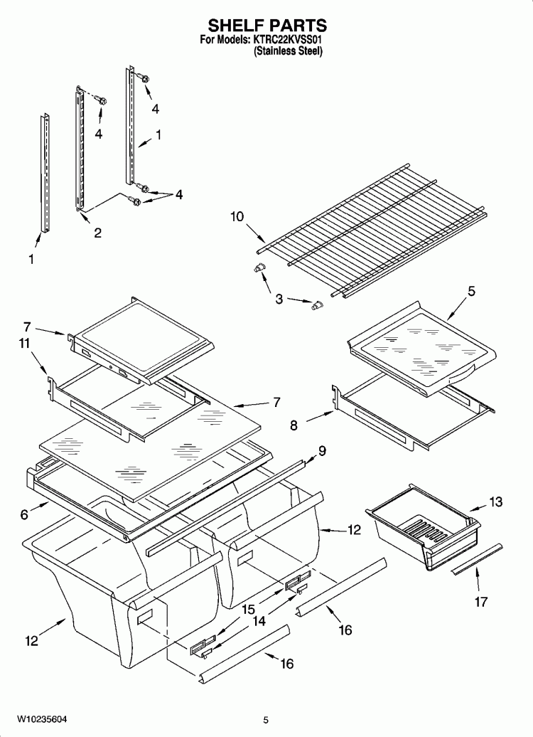 SHELF PARTS Diagram and Parts List for KTRC22KVSS01  KitchenAid Refrigerator