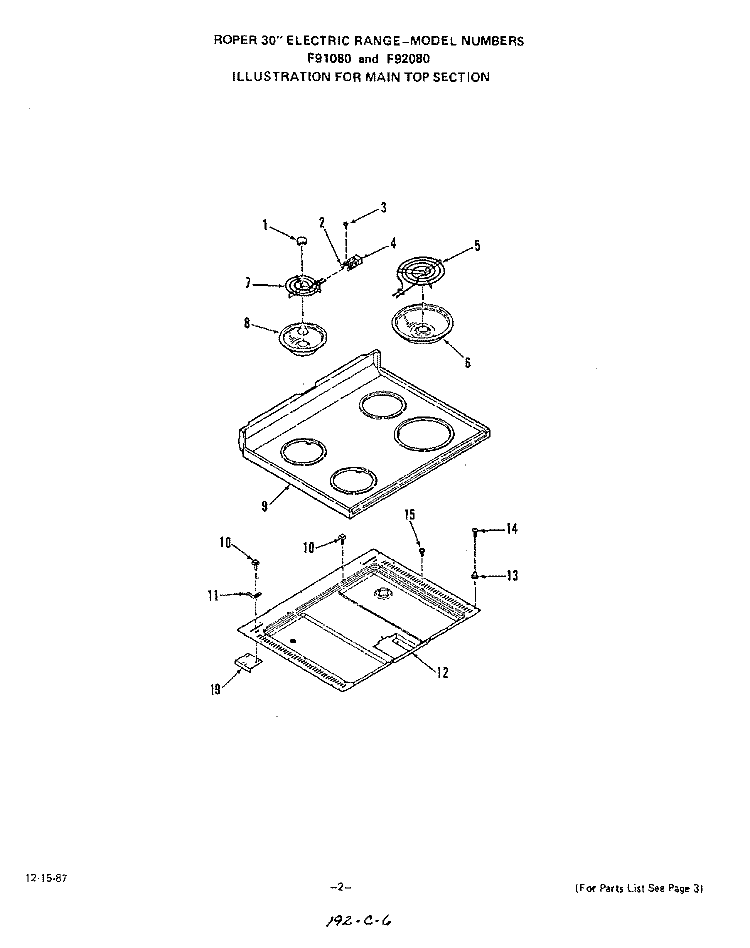 MAIN TOP Diagram and Parts List for F9208W0  Roper Range