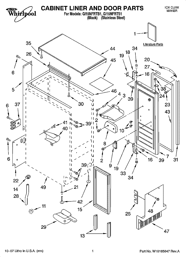CABINET LINER AND DOOR PARTS Diagram and Parts List for GI15NFRTB1  Whirlpool Ice Maker