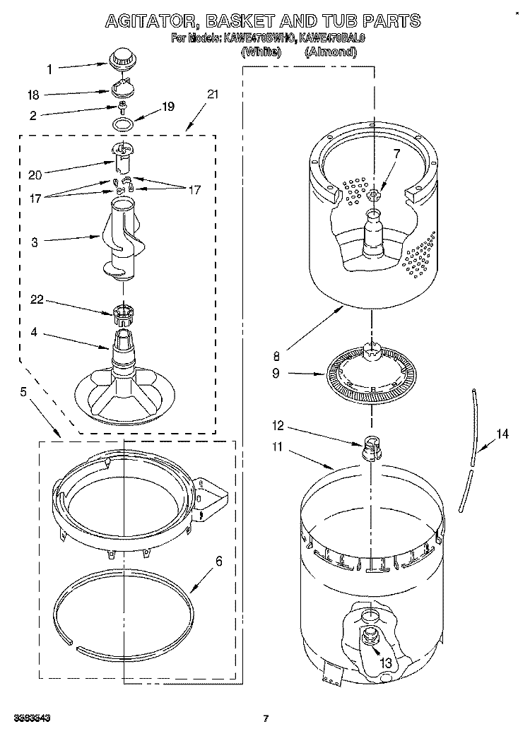AGITATOR, BASKET AND TUB Diagram and Parts List for KAWE470BAL0  KitchenAid Washer