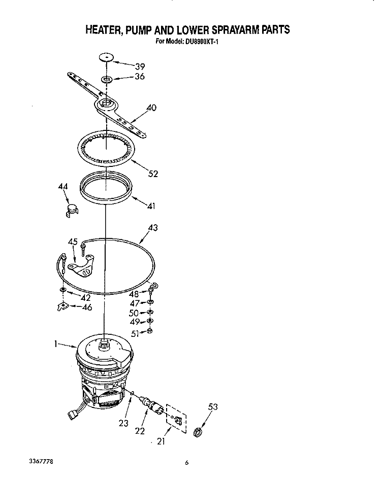 HEATER,PUMP AND LOWER SPRAYARM Diagram and Parts List for DU8900XT1  Whirlpool Dishwasher