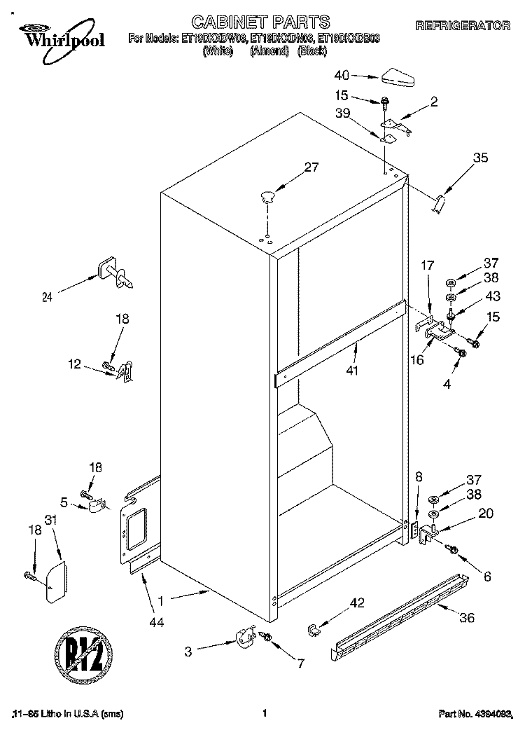 CABINET Diagram and Parts List for ET19DKXDN03  Whirlpool Refrigerator