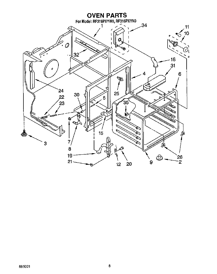 OVEN Diagram and Parts List for RF316PXYW0  Whirlpool Range