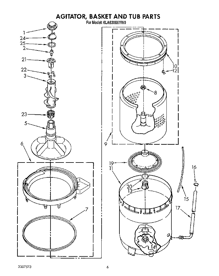 AGITATOR, BASKET AND TUB Diagram and Parts List for 6LA6300XYW0  Whirlpool Washer