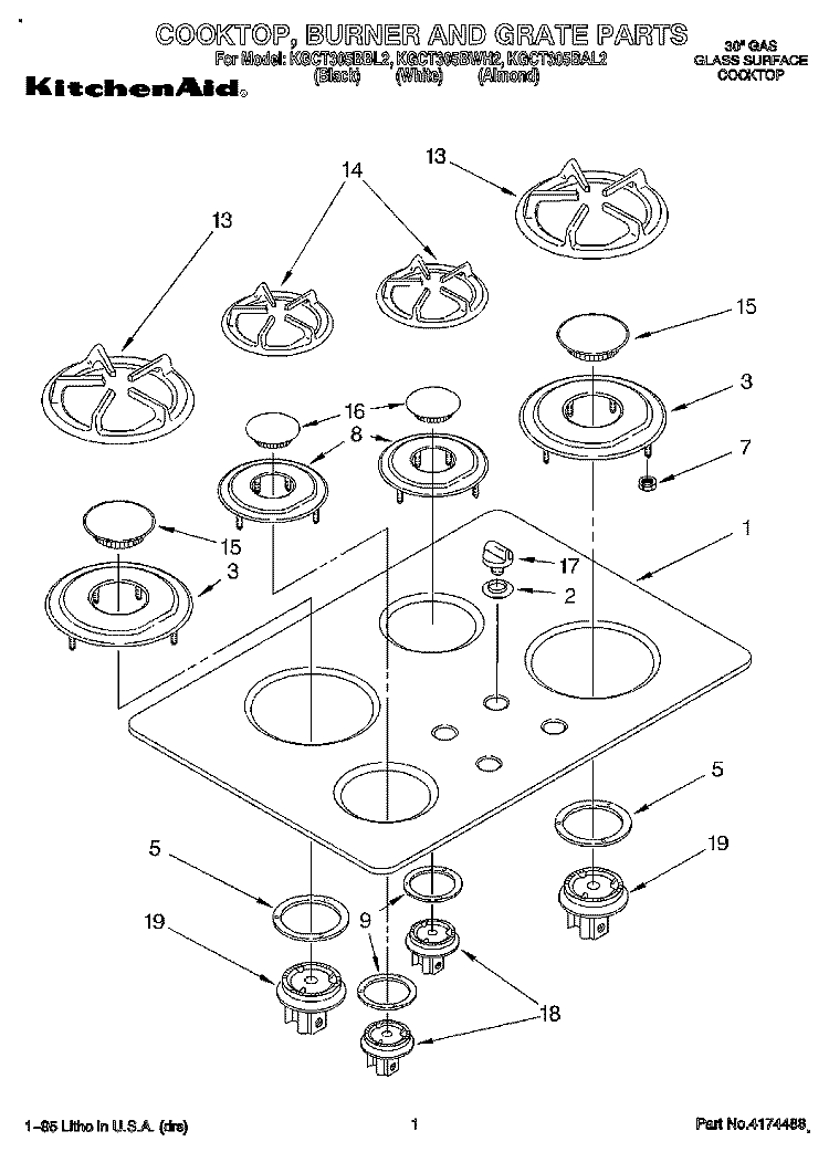 COOKTOP, BURNER AND GRATE Diagram and Parts List for KGCT305BWH2  KitchenAid Cooktop