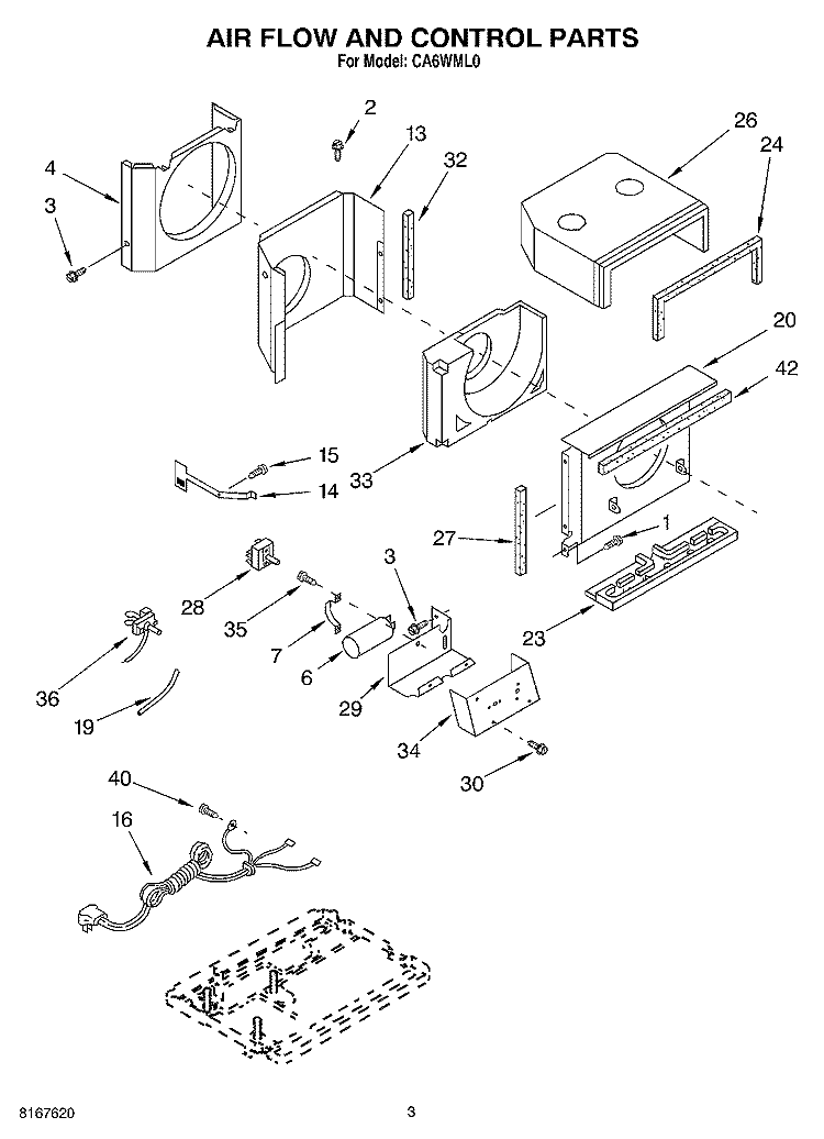 AIR FLOW AND CONTROL Diagram and Parts List for CA6WML0  Roper Air Conditioner