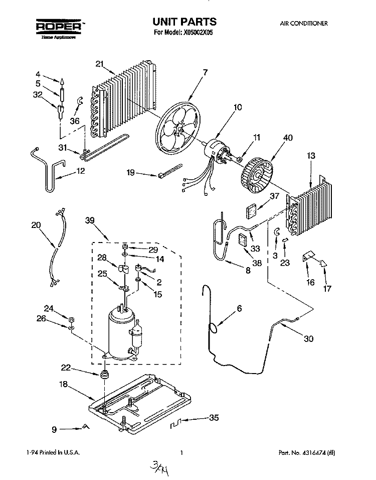 UNIT, LITERATURE Diagram and Parts List for X05002X05  Roper Air Conditioner
