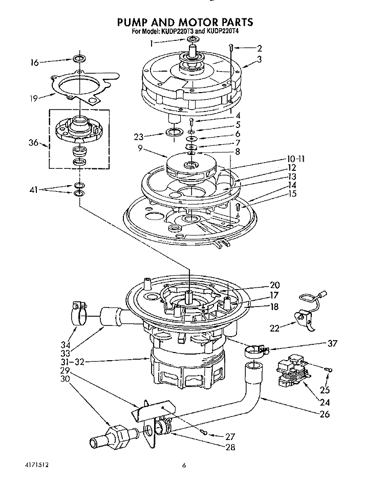 PUMP AND MOTOR Diagram and Parts List for KUDP220T3  KitchenAid Dishwasher