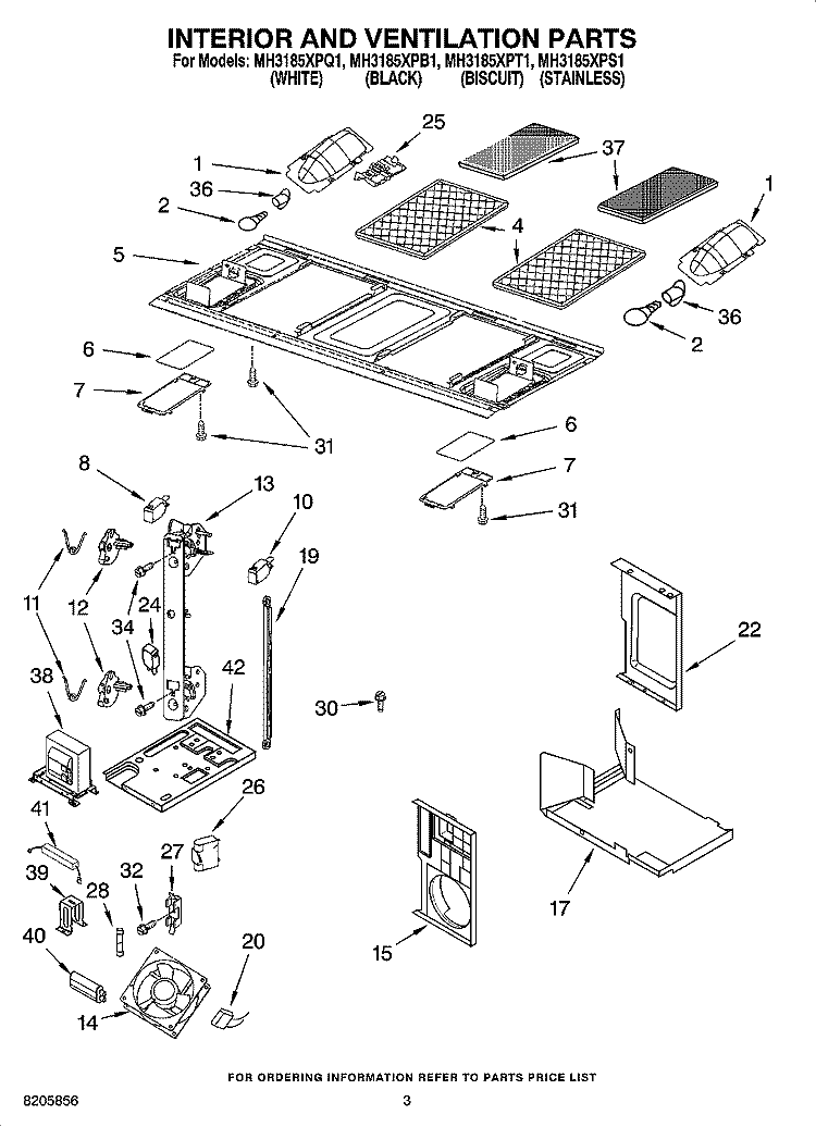 INTERIOR AND VENTILATION PARTS Diagram and Parts List for MH3185XPS1  Whirlpool Microwave