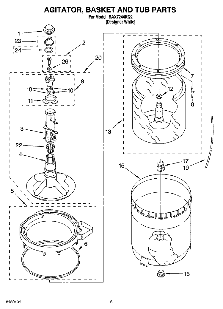 AGITATOR, BASKET AND TUB PARTS Diagram and Parts List for RAX7244KQ2  Roper Washer