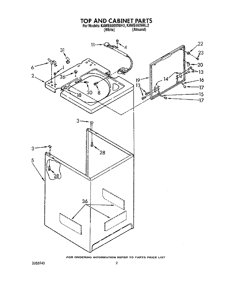 TOP AND CABINET, LIT/OPTIONAL Diagram and Parts List for KAWE460WWH2  KitchenAid Washer