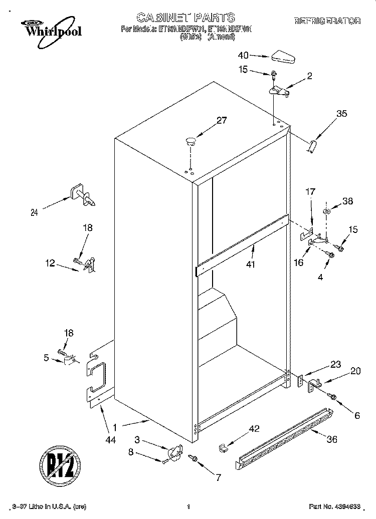CABINET Diagram and Parts List for ET18NMXFW01  Whirlpool Refrigerator