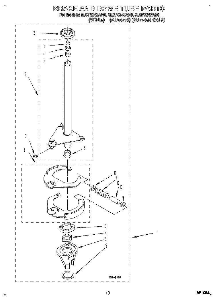 BRAKE AND DRIVE TUBE Diagram and Parts List for 8LSP8245AG0  Whirlpool Washer