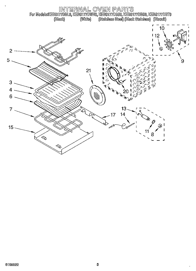 INTERNAL OVEN Diagram and Parts List for KEBS177DBL9  KitchenAid Wall Oven