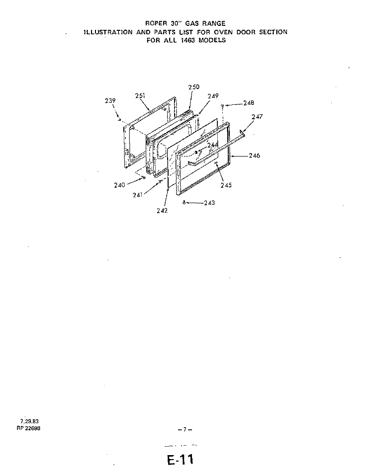 OVEN DOOR Diagram and Parts List for 1463W3A  Roper Range