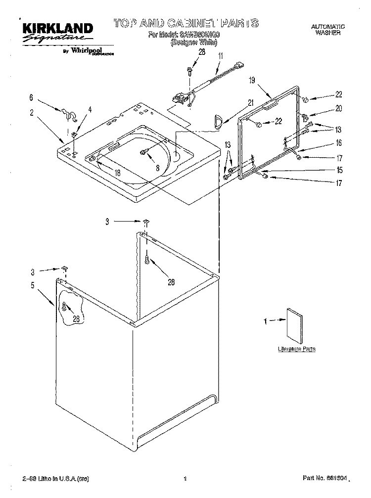 TOP AND CABINET, LITERATURE Diagram and Parts List for SAWB600HQ0  Whirlpool Washer