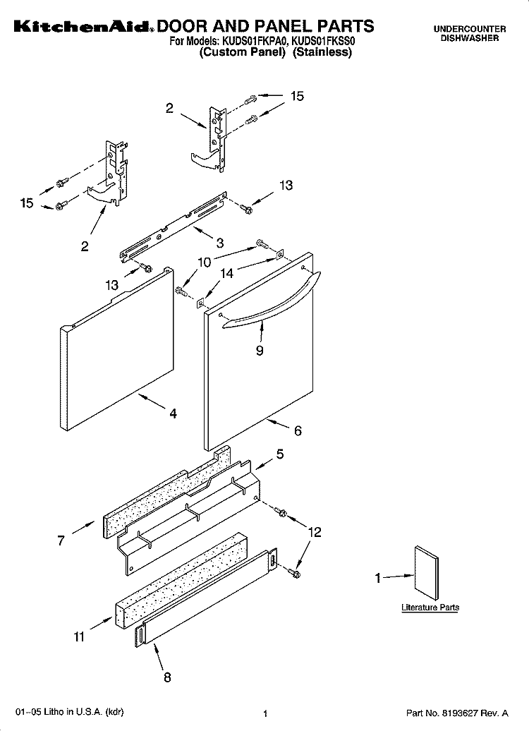 DOOR AND PANEL PARTS Diagram and Parts List for KUDS01FKSS0  KitchenAid Dishwasher