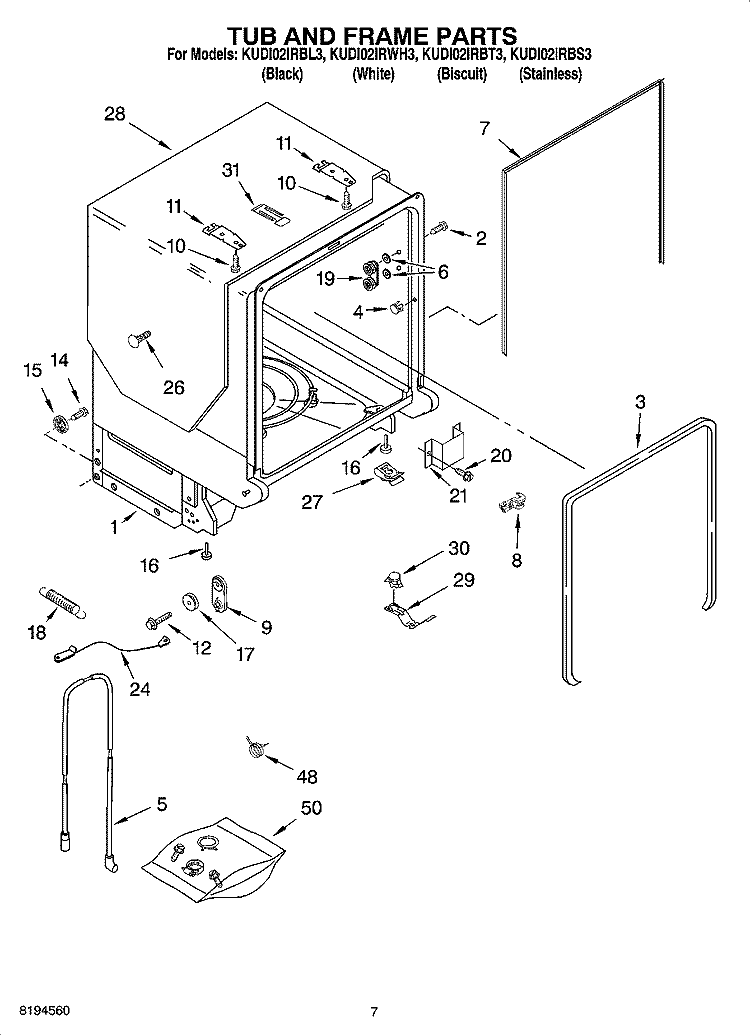 TUB AND FRAME PARTS Diagram and Parts List for KUDI02IRBL3  KitchenAid Dishwasher