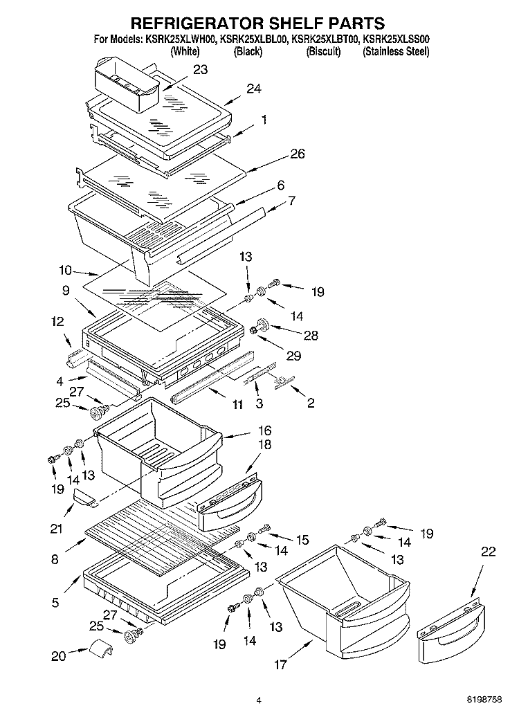 REFRIGERATOR SHELF PARTS Diagram and Parts List for KSRK25XLBT00  KitchenAid Refrigerator