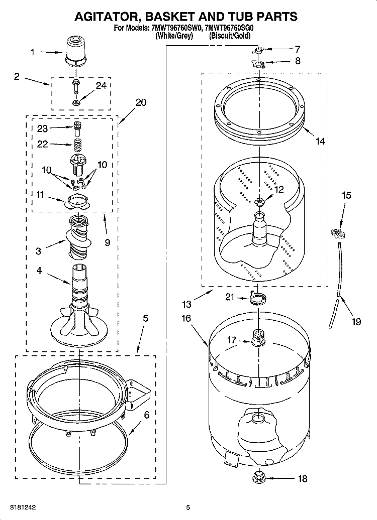 AGITATOR, BASKET AND TUB PARTS Diagram and Parts List for 7MWT96760SG0  Whirlpool Washer