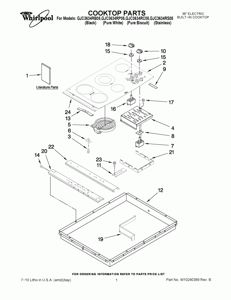 COOKTOP PARTS Diagram and Parts List for GJC3634RB05  Whirlpool Cooktop