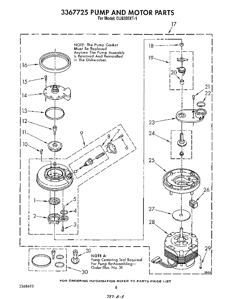 3367725 PUMP AND MOTOR Diagram and Parts List for DU9200XT1  Whirlpool Dishwasher