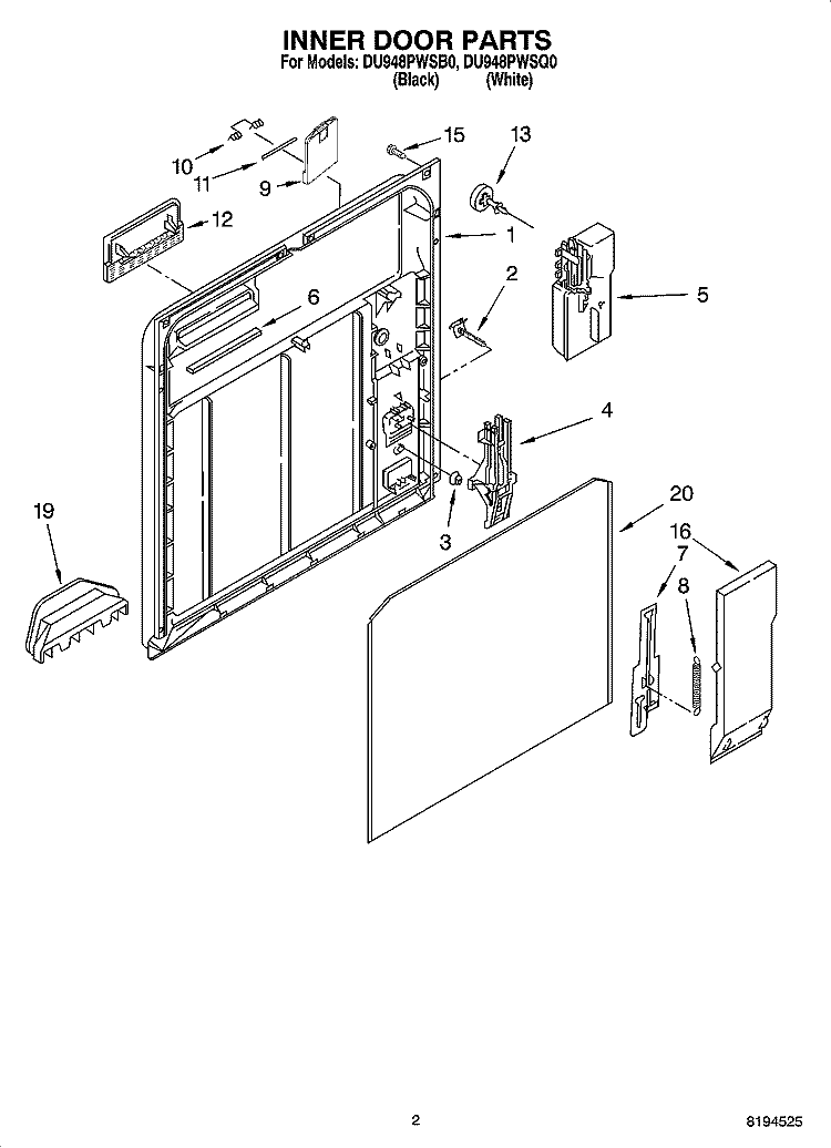 INNER DOOR PARTS Diagram and Parts List for DU948PWSQ0  Whirlpool Dishwasher