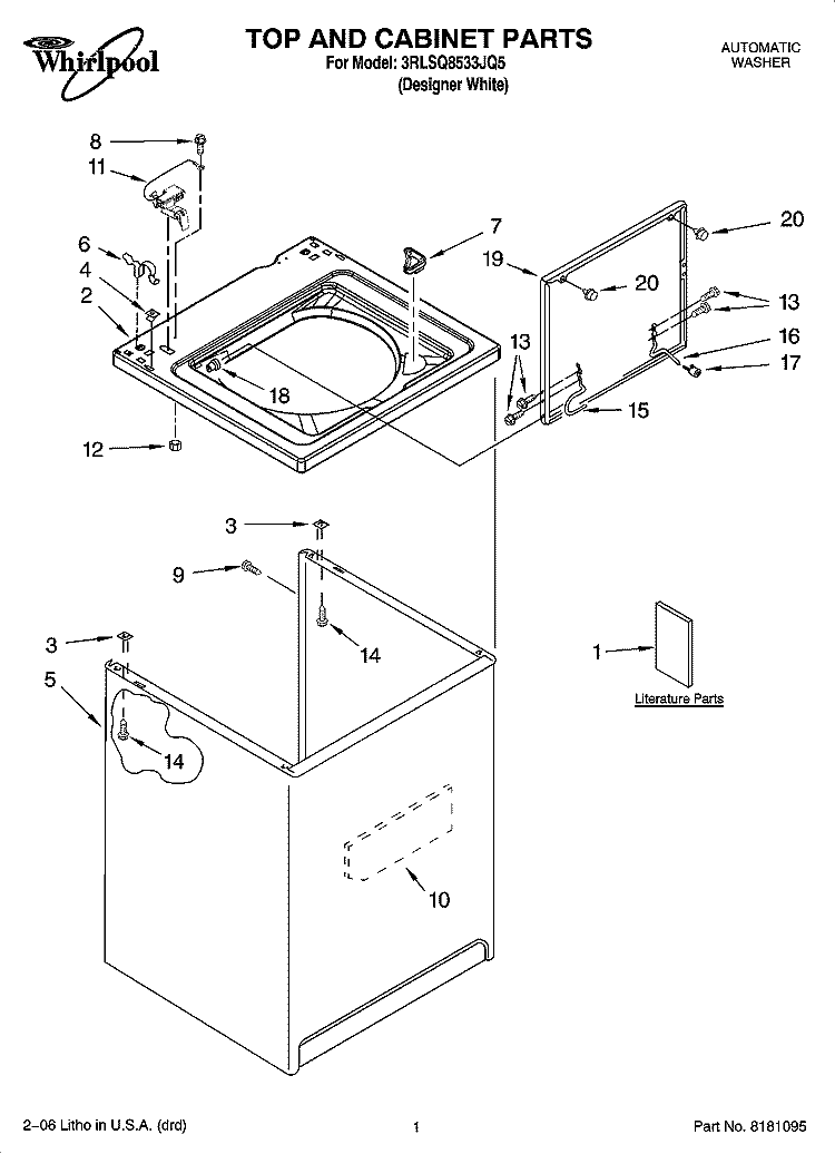 TOP AND CABINET PARTS Diagram and Parts List for 3RLSQ8533JQ5  Whirlpool Washer