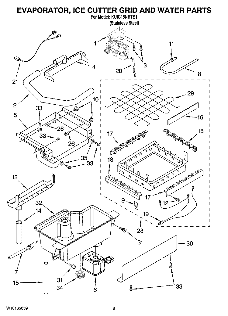 EVAPORATOR, ICE CUTTER GRID AND WATER PARTS Diagram and Parts List for KUIC15NRTS1  KitchenAid Ice Maker