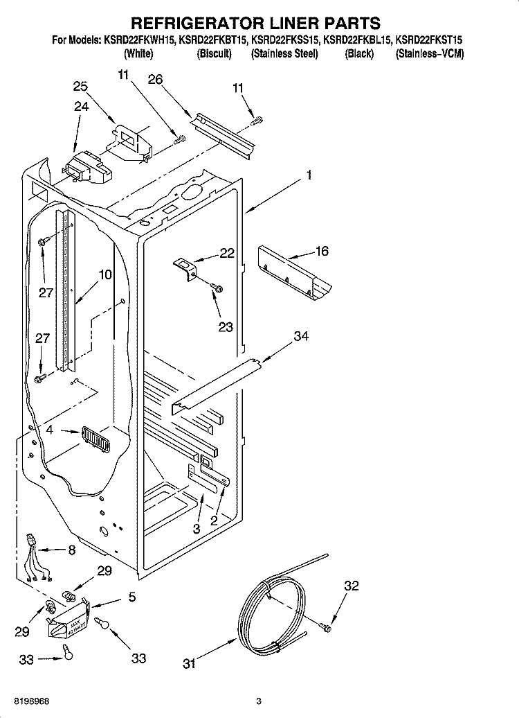 REFRIGERATOR LINER PARTS Diagram and Parts List for KSRD22FKBL15  KitchenAid Refrigerator