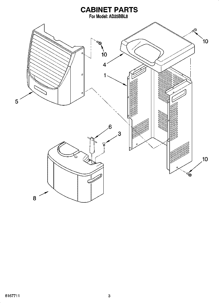 CABINET PARTS Diagram and Parts List for AD25BBL8  Whirlpool Dehumidifier
