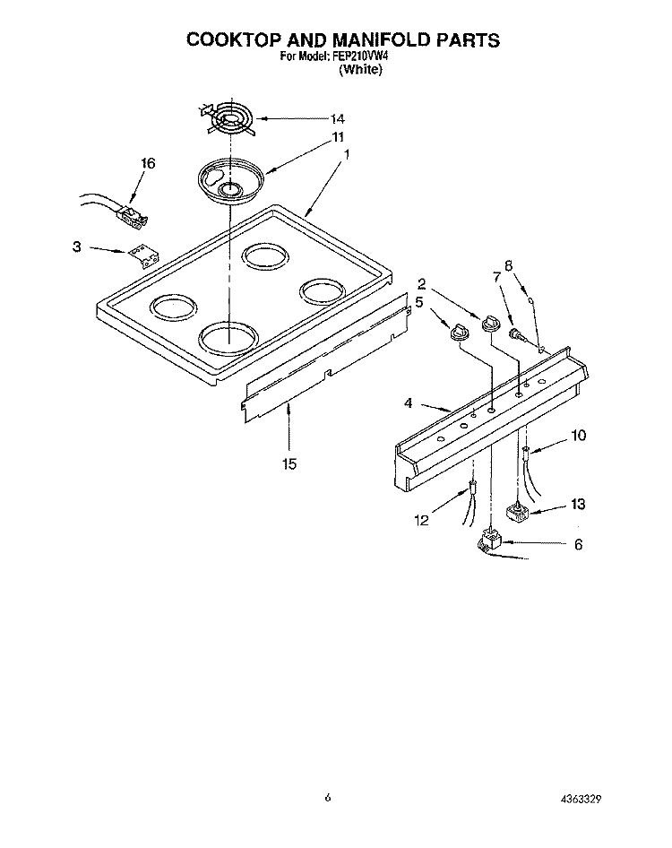 COOKTOP AND MANIFOLD Diagram and Parts List for FEP210VW4  Roper Range