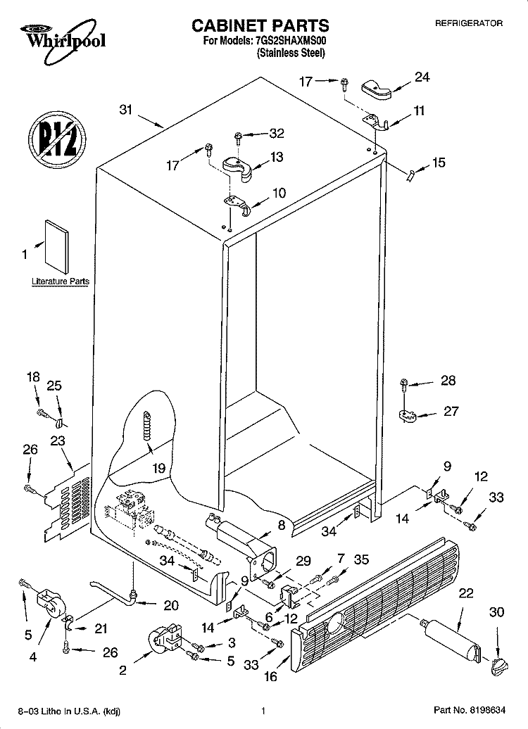 CABINET PARTS Diagram and Parts List for 7GS2SHAXMS00  Whirlpool Refrigerator