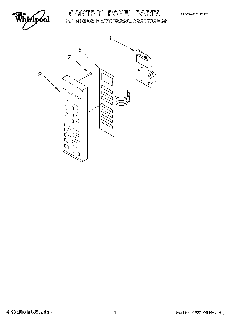 CONTROL PANEL Diagram and Parts List for MG2070XAB0  Whirlpool Microwave