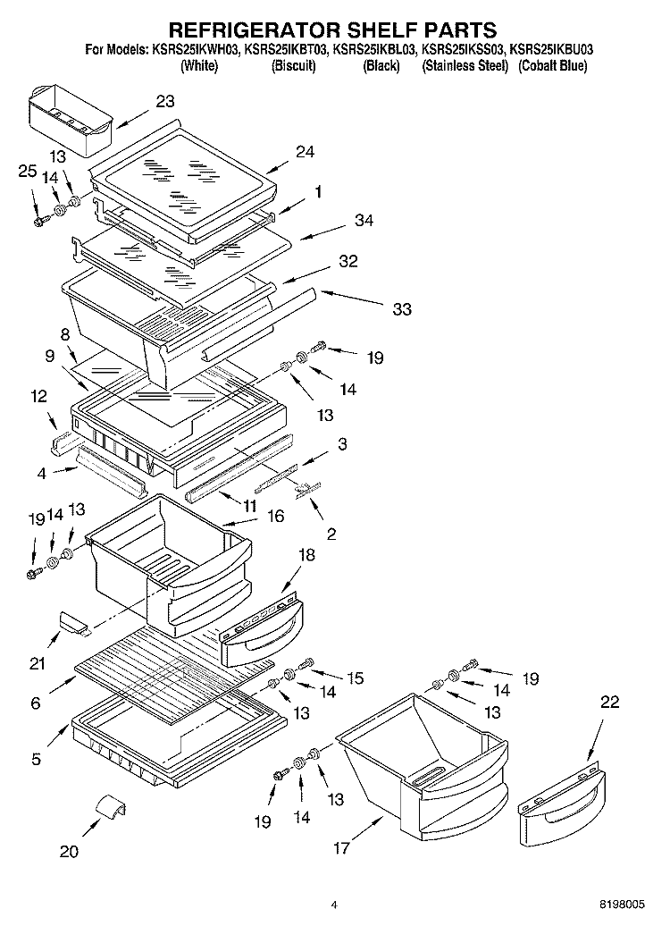 REFRIGERATOR SHELF PARTS Diagram and Parts List for KSRS25IKBT03  KitchenAid Refrigerator