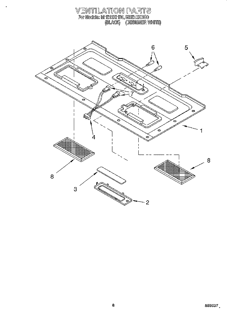 VENTILATION Diagram and Parts List for MHE13XHB0  Roper Microwave