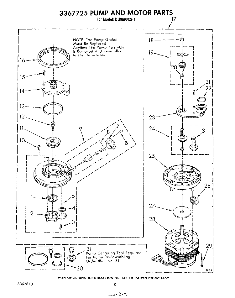 3367725 PUMP AND MOTOR Diagram and Parts List for DU9500XS1  Whirlpool Dishwasher