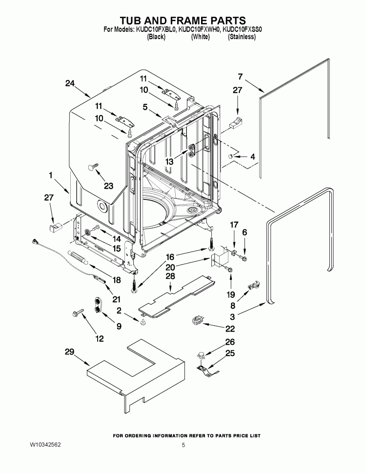TUB AND FRAME PARTS Diagram and Parts List for KUDC10FXSS0  KitchenAid Dishwasher