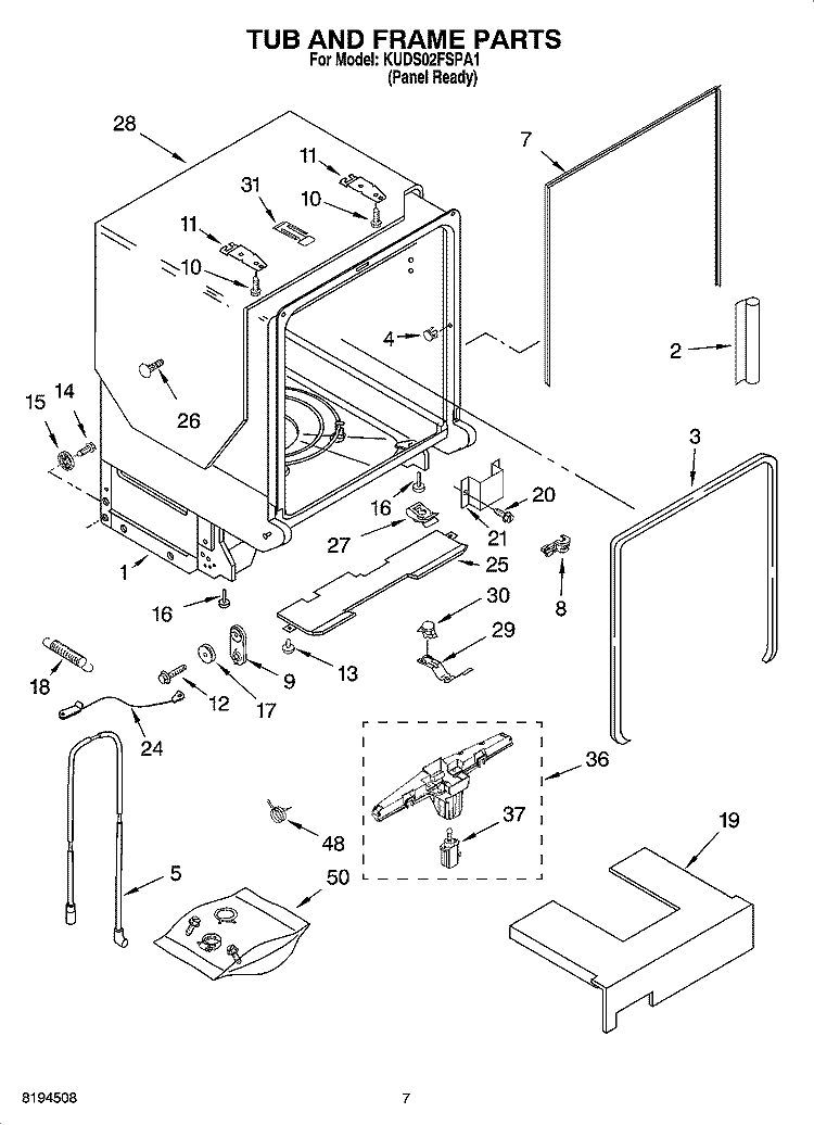 TUB AND FRAME PARTS Diagram and Parts List for KUDS02FSPA1  KitchenAid Dishwasher