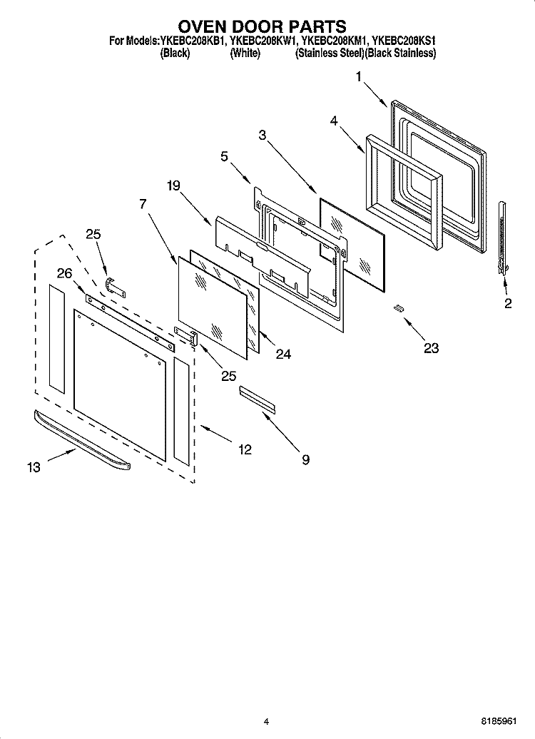 OVEN DOOR PARTS Diagram and Parts List for YKEBC208KW1  KitchenAid Wall Oven