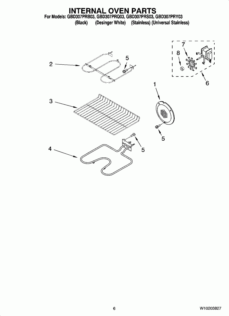 INTERNAL OVEN PARTS Diagram and Parts List for GBD307PRS03  Whirlpool Wall Oven