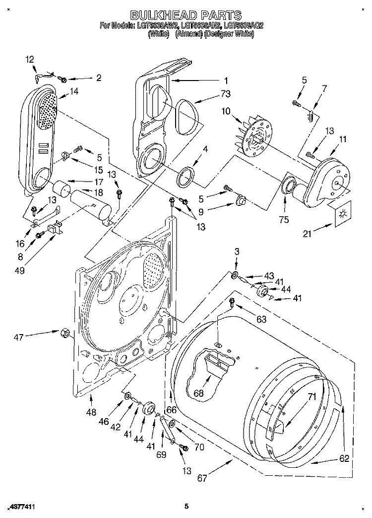 BULKHEAD Diagram and Parts List for LGT6638AN2  Whirlpool Dryer