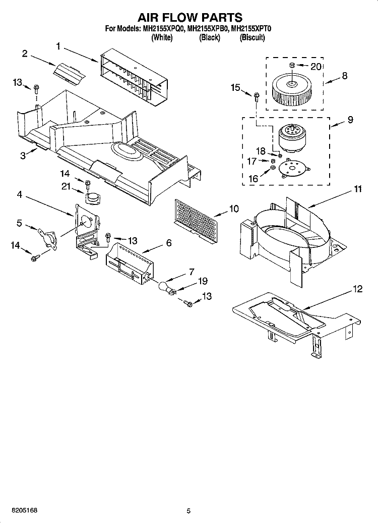 AIR FLOW PARTS Diagram and Parts List for MH2155XPB0  Whirlpool Microwave