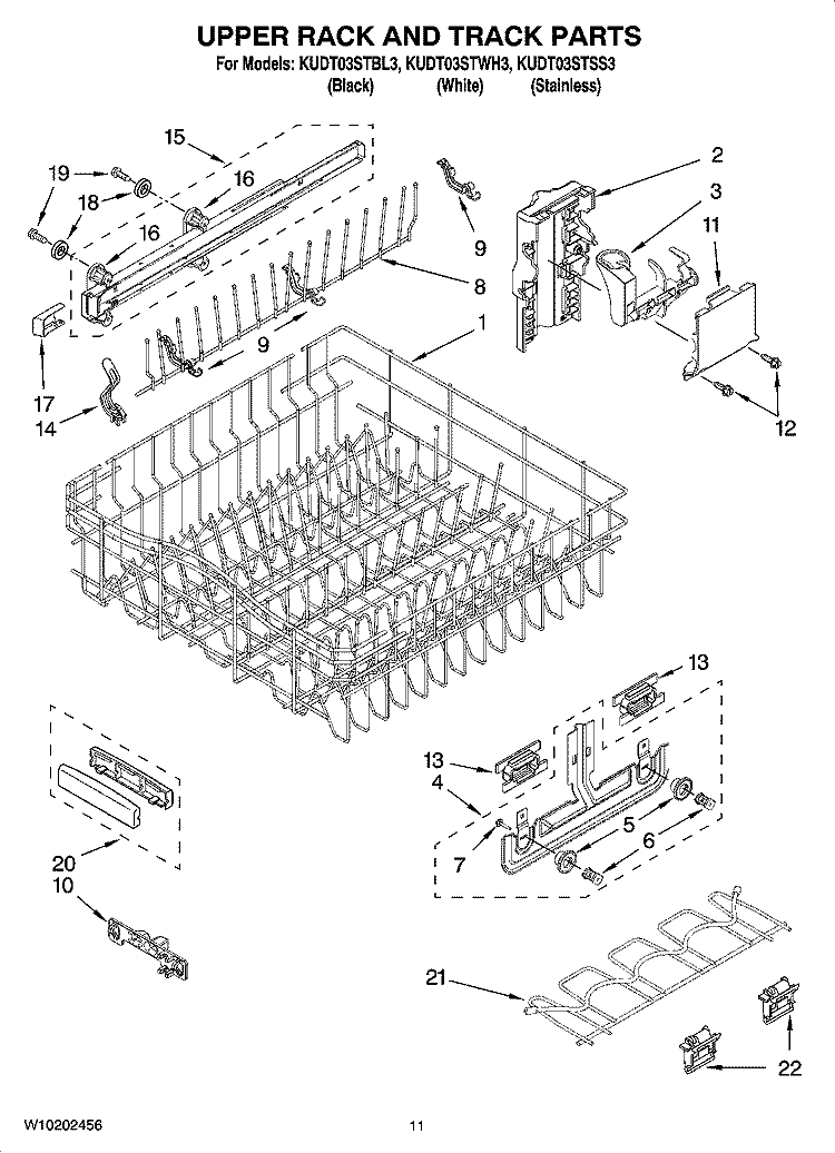 UPPER RACK AND TRACK PARTS Diagram and Parts List for KUDT03STSS3  KitchenAid Dishwasher