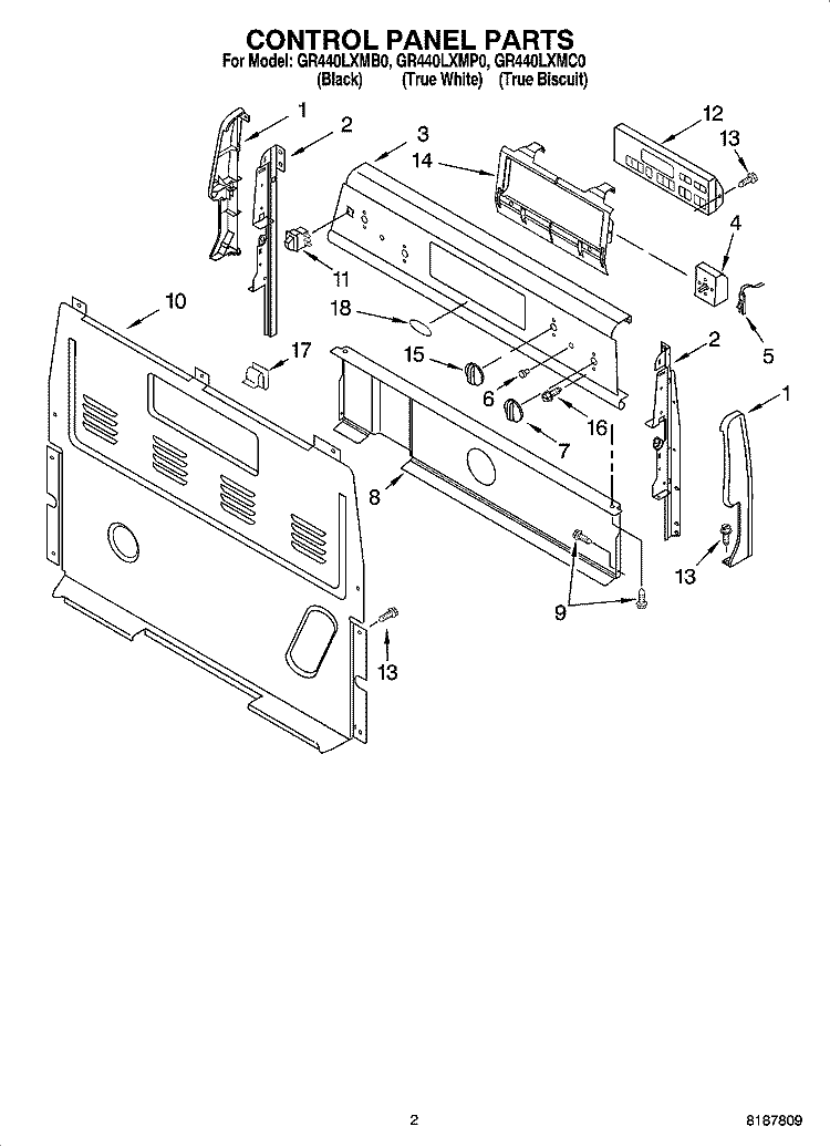 CONTROL PANEL PARTS Diagram and Parts List for GR440LXMB0  Whirlpool Range