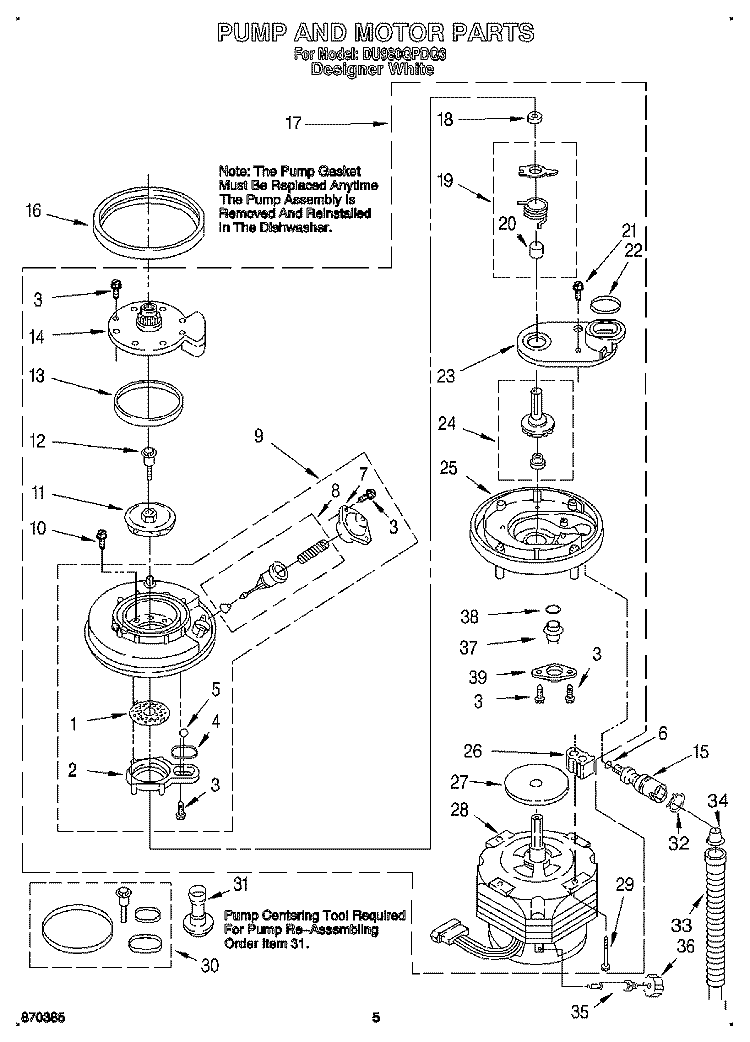 PUMP AND MOTOR Diagram and Parts List for DU980QPDQ3  Whirlpool Dishwasher
