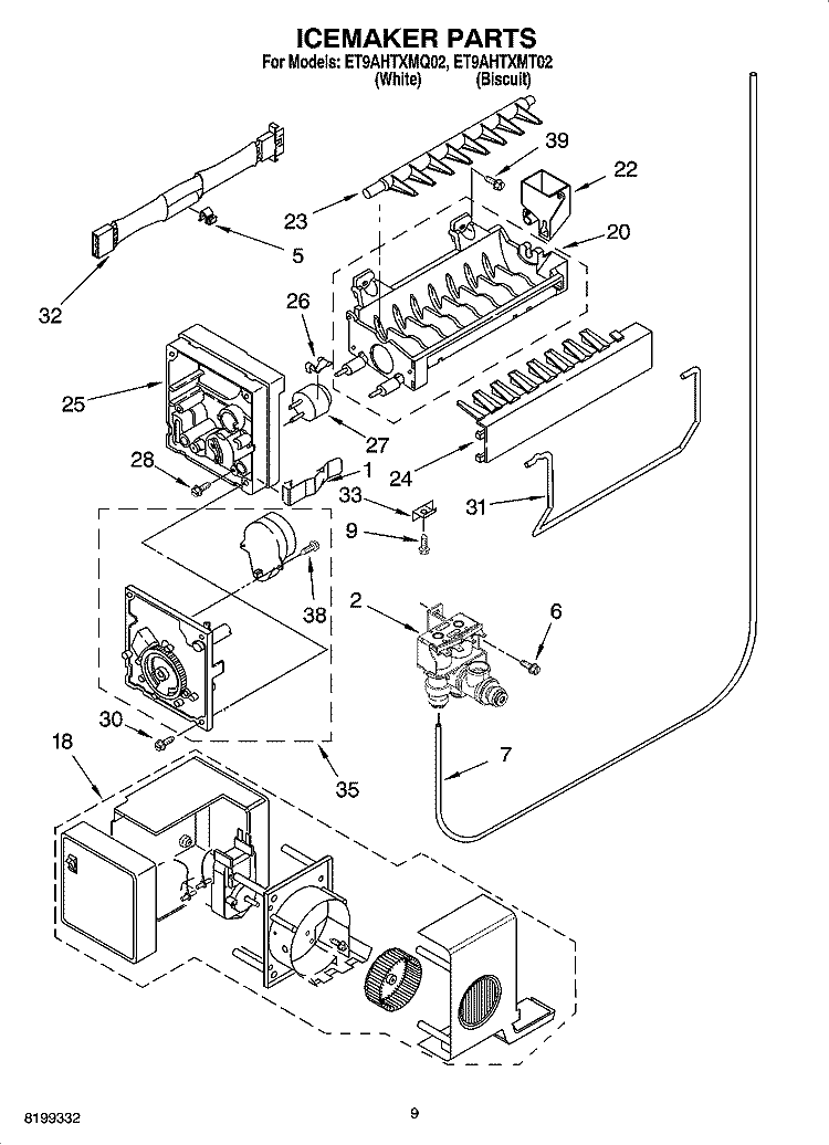ICEMAKER PARTS Diagram and Parts List for ET9AHTXMQ02  Whirlpool Refrigerator