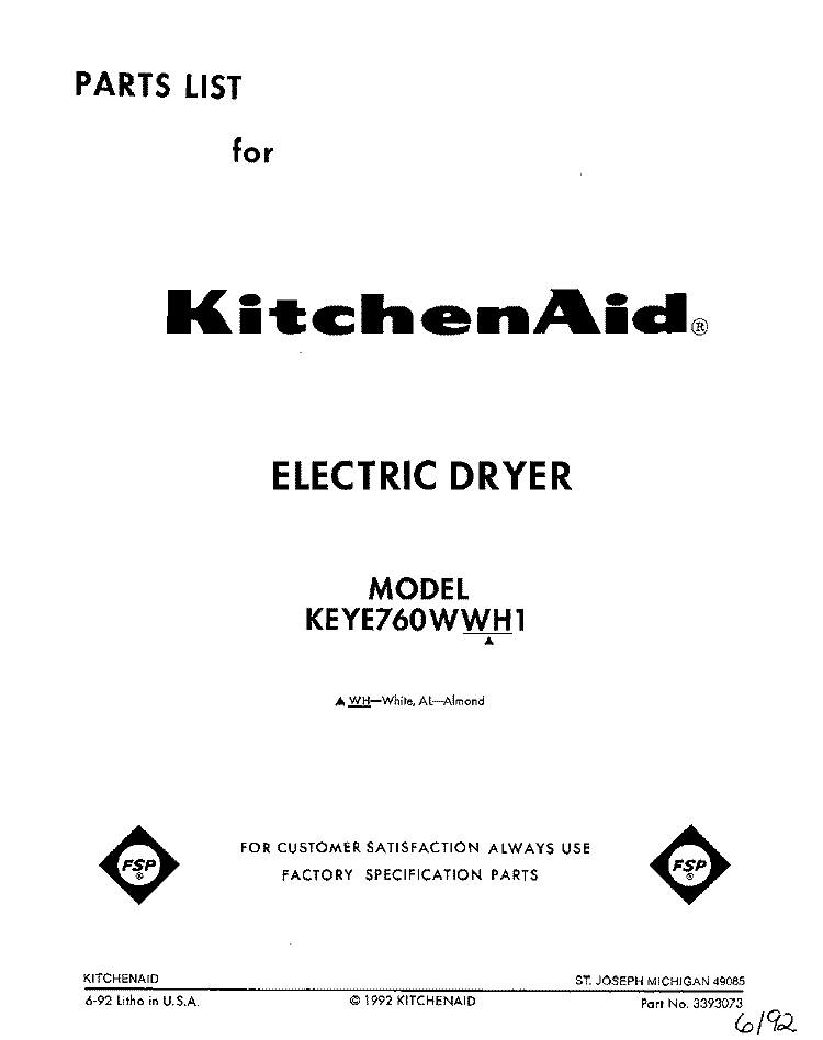 SECTION Diagram and Parts List for KEYE760WAL1  KitchenAid Dryer
